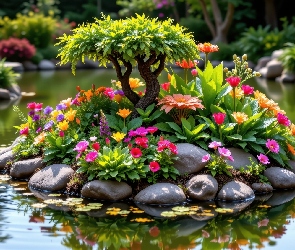 Drzewko, Kwiaty, Staw, Ogród, Wysepka, Kamienie
