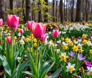 Grafika AI, Las, Żonkile, Tulipany, Kwiaty, Wiosna