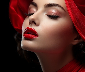 Twarz, Materiał, Czerwony, Makijaż, Kobieta