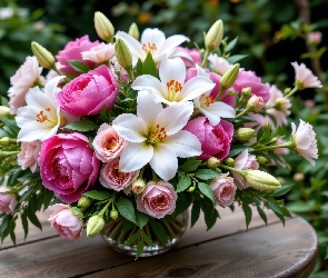 Grafika AI, Stół, Wazon, Ogród, Lilie, Kolorowe, Piwonie, Kamelie, Kwiaty, Bukiet