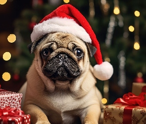 Święty Mikołaj, Pies, Zabawny, Prezenty, Mops