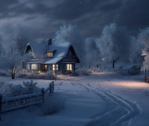 Śnieg, Drzewa, Zima, Dom