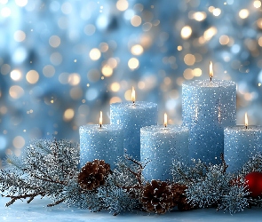 Świąteczne, Grafika AI, Świece, Niebieskie, Gałązki, Szyszki