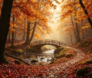Jesień, Ścieżka, Pożółkłe, AI, Liście, Drzewa, Las, Mostek, Rzeka
