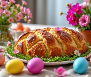 Wielkanoc, Kwiaty, Talerz, Chleb, Kolorowe, Pisanki