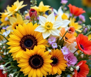 Bukiet, Kolorowy, Słoneczniki, Kwiaty, Maki, Narcyzy