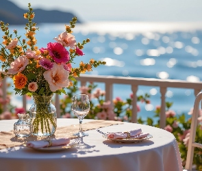 Stół, Grafika AI, Morze, Taras, Bukiet kwiatów