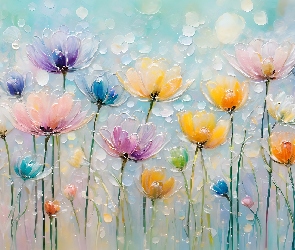 Kwiaty, Grafika, Łodygi, Gługie, Kolorowe