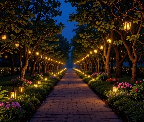 Ścieżka, Kwiaty, Ogród, Noc, Latarnie, Drzewa
