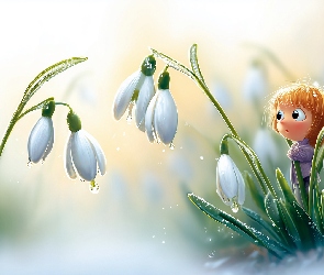 Grafika AI, Dziewczynka, Przebiśniegi, Kwiaty