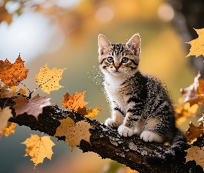 Liście, Jesienne, Kot, Pręgowany, Gałąź, Drzewo