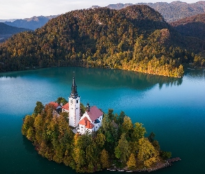 Jezioro, Kościół, Słowenia, Wyspa, Góry, Bled, Drzewa, Lasy