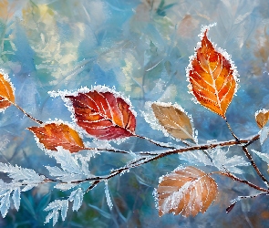 Grafika, Liście, Oszronione, Gałązki