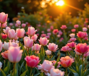 Tulipany, Zachód słońca, Jasnoróżowe