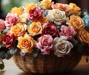 Róże, Koszyk, Kolorowe