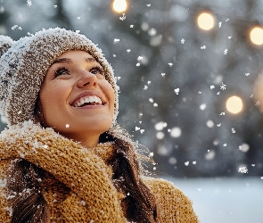Czapka, Śnieg, Długowłosa, Szal, Uśmiech, Kobieta, Szatynka