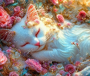 Grafika AI, Róże, Kot, Biały