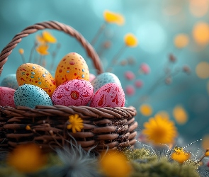 Pisanki, Rozmyte tło, Kwiaty, Koszyk, Wielkanoc
