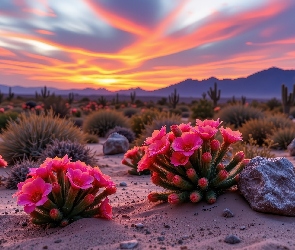 Kolorowe, Góry, Kępki, Kamienie, Roślin, Kwiaty, Niebo, Kwitnące, Kaktusy