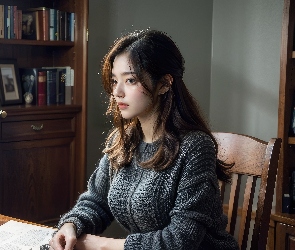 Książki, Azjatka, Grafika, Kobieta