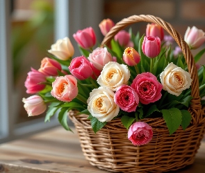 Stół, Koszyk, Bukiet, Okno, Tulipany, Kwiaty, Róże