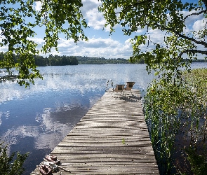 Drzewa, Pomost, Leżaki, Jezioro