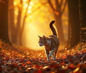 Las, Grafika AI, Jesień, Ścieżka, Kot