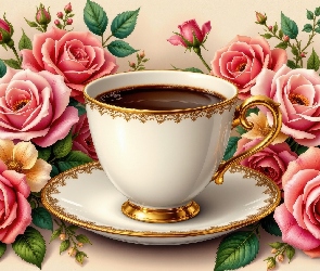 Róże, Kawa, Filiżanka, Talerzyk