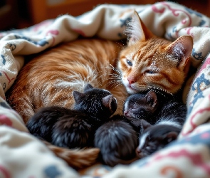 Posłanie, Kotki, Kot, Rudy, Czarne, Małe