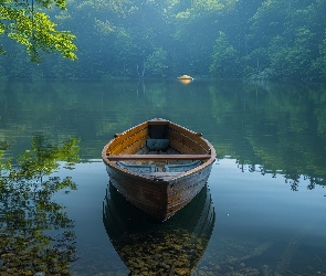 Odbicie, Drzewa, Jezioro, Łódka