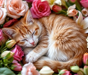 Kwiaty, Kot, Śpiący, Rudo-biały