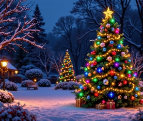 Ogród, Drzewa, Boże Narodzenie, Zima, Domek, Choinki, AI, Ośnieżone