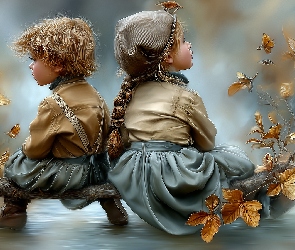 Grafika AI, Gałąź, Chłopiec, Dziewczynka