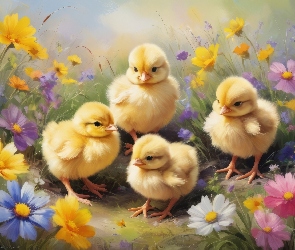 Kwiaty, Kurczęta, Małe, Żółte