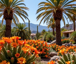 Domy, Palmy, Pomarańczowe, Kwiaty