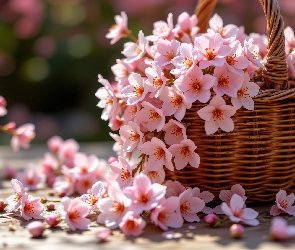 Różowe, Koszyk, Wiklinowy, Kwiaty, Drobne