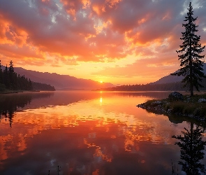 Drzewa, Grafika AI, Zachód słońca, Góry, Jezioro