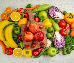 Warzywa, Jasne tło, Deska, Owoce, Różnokolorowe