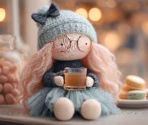 Grafika AI, Cukierki, Szklanka, Lalka, Herbata, Ciastka