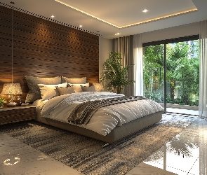 Dywan, Roślina, Łóżko, AI, Oświetlenie, Sypialnia, Okno