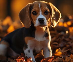 Pies, Grafika AI, Liście, Szczeniak, Beagle