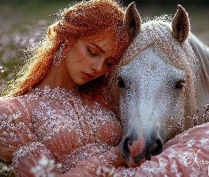 Koń, Biały, Rudowłosa, Śpiąca, Kobieta, Łąka