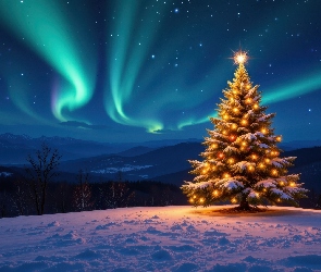 Boże Narodzenie, Góry, Zorza polarna, Choinka, Zima