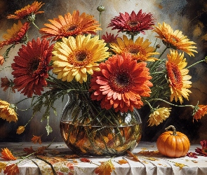 Dynia, Wazon, Żółte, Grafika, Gerbery, Kwiaty, Pomarańczowe