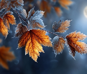 Grafika AI, Księżyc, Oszronione, Liście