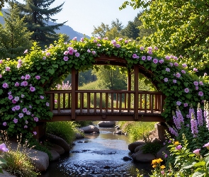 Kwiaty, Strumień, Drewniany, Mostek