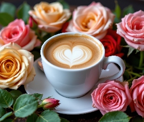 Kawa, Kwiaty, Filiżanka, Talerzyk, Róże, Cappuccino, AI, Kolorowe