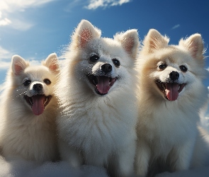 Chmury, Niebo, Białe, Grafika, Szpice miniaturowe, Trzy, Psy