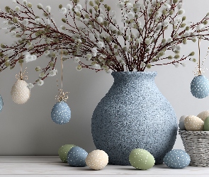 Pisanki, Kolorowe, Niebieski, Grafika AI, Bazie, Wielkanoc, Wazon