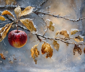 Grafika AI, Liście, Gałązka, Jabłko, Ośnieżona, Suche